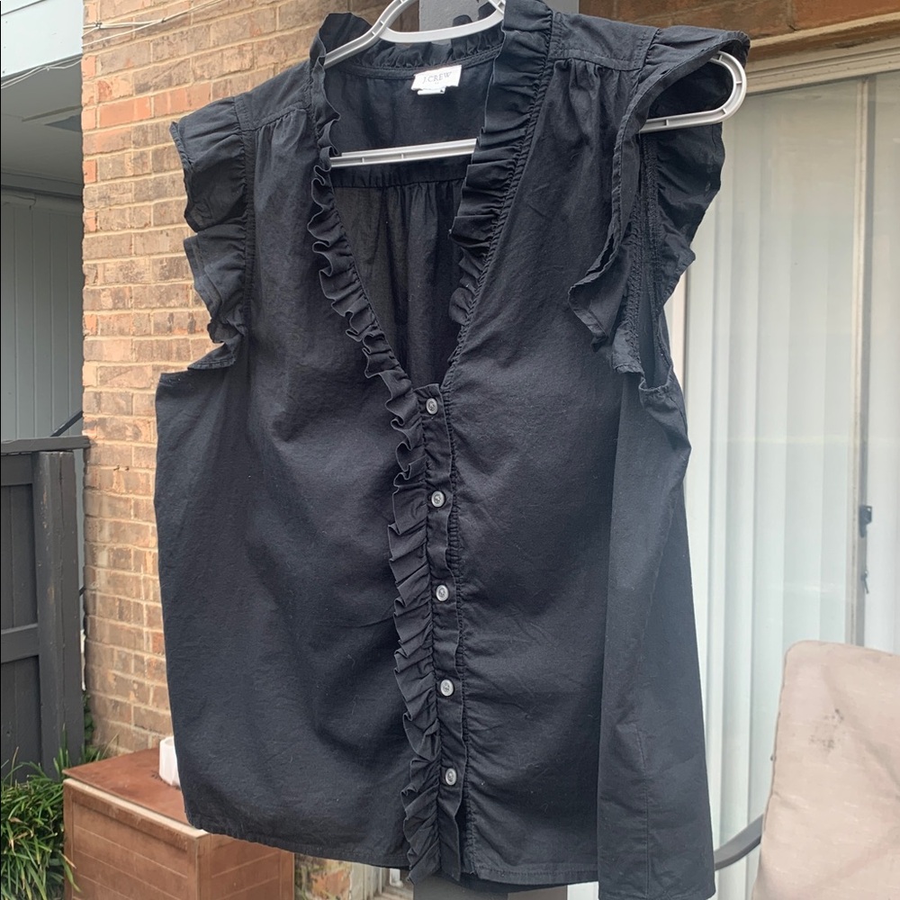 J. Crew Black Ruffle Button-Down Blouse